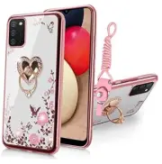 for Samsung Galaxy A03S Case for Women, Glitter Crystal Butterfly Rose Gold