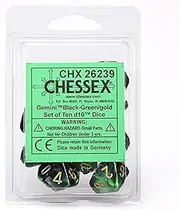 Chessex Gemini D10 Polyhedral 10 Dice Set, Black-Green/Gold