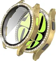 Screen Protector Case Compatible with Samsung Galaxy Watch 7 40mm 44mm Bling Rhinestone Case Hard PC Cover with Tempered Glass Film for Galaxy Watch 7 Accessories (44mm,Gold)