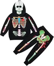 [ESHOO] Boys Girls Halloween Hoodie Pants Set Glow in The Dark Skull Skeleton Pullover Outfits