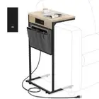 C Shaped End Table with Charging Station, Small Side Table for 1 Greige