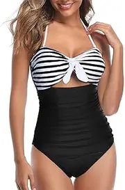 [Tempt Me] Women Sexy Cutout One Piece Swimsuits Tummy Control High Waisted Halter Front Tie Knot Bathing Suit