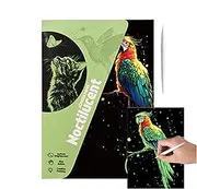 Art Scratch Paper 4-Pack Glitter Scratch Craft A4 Size Scratch Sheets | Includes Wooden Style Ideal for Children and Adults, Drawing, Colouring and Graffiti Art Perfect for Landscape and Animal