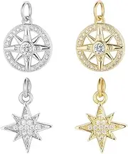 [Generisch] Pack of 4 Compass Pendant Charms North Star Charms 18K Gold-Plated Brass 925 Sterling Silver Round Tibet Style with Zirconia Eight Pointed Star North Star Charms Rhinestone for Crafts Jewellery Making