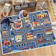 Kids Rug Playroom Rug Suitable for Boys and Girls, Non-Slip Washable Road Traffic Area Rug for Bedroom Playroom Play Safe Area