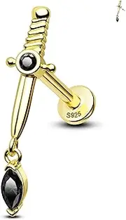 [Jewseen] 925 Sterling Silver Dagger Cartilage Piercing Jewelry Internally Threaded Helix Conch Tragus Earrings Cartilage Stud Earring Dangle CZ Lip Nose Piercing Jewelry for Women Men