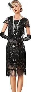 [PrettyGuide] Womens Flapper Dress with Sleeves Art Deco Sequin Beaded Fringe 1920s Vintage Great Gatsby Party Dress