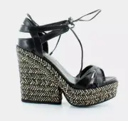 SERGIO ROSSI Espadrille Chunk Wedge Platform Black Sandals Size EU 40.5 NEW $875