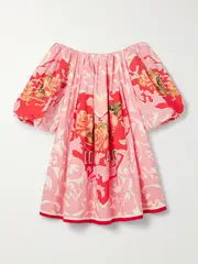 [Camilla] Camilla - Off-the-shoulder Crystal-embellished Printed Organic Cotton-poplin Mini Dress - Pink - large large Pink
