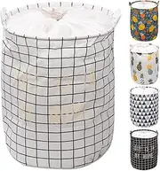 [Tanstic] 1Pc Freestanding Laundry Basket with White Lattice Pattern, Foldable Large Drawstring Clothes Hamper Collapsible Fabric Bag with Leather Handle for Clothes Washing (15.7x19.6 Inch)