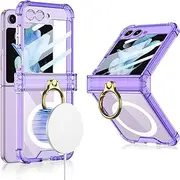 [RUNGOS] Magnetic Clear for Samsung Z Flip 5 Case Magsafe with Ring Stand [Hinge Protection] [360° Rotatable Ring Holder] [Mil-grade 4-Corner Airbag Reinforcement] Cover for Samsung Galaxy Z Flip 5 Case