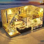 DIY Miniature Dollhouse Kit, DIY House Kit Realistic Mini 3D Wooden House Room Craft with LED Lights and Dust Cover Handmade Crafts