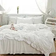 GETIYA Romantic Seersucker Bed Linen 200 x 200 cm 3-Piece Plain Bed Linen White Ruffle Bed Linen Teenager Girls Ladies Bed Linen Double Bed Microfibre Bed Linen with 2 Pillowcases 80 x 80 cm