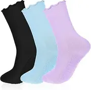 [HJZHII] 3 Pairs Pilates Socks with Grips, Non Slip Ruffle Yoga Socks Anti Skid Athletic Socks Long Crew Socks for Women Girls Yoga Ballet Workout Dance Trampoline, Black + Blue + Purple, 12 Wide
