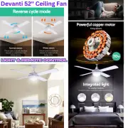 Devanti 52'' Ceiling Fan AC Motor LED Light 3-Colour Remote Control 3 Fan Speed