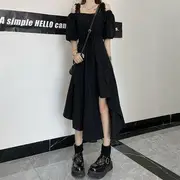 Short-Sleeve Cold-Shoulder Plain Asymmetrical Slit Midi A-Line Dress Black - S