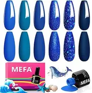 MEFA Blue Gel Nail Polish Set,6 Colors Midnight Navy Sapphire Blue Nail Polish Azure Glitter Dark Shades Starter Kit Soak Off Blue Shimmer Gel Nail Art Design DIY Salon Manicure Holiday Women Gift
