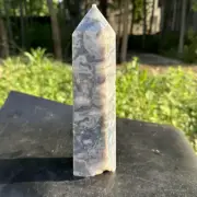 1220g Natural moss agate obelisk quartz crystal geode tower point healing gift