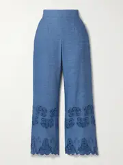 [Miguelina] Miguelina - Alegra Scalloped Guipure Lace-trimmed Cotton-chambray Flared Pants - Blue - small small Blue