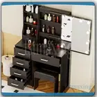 Black Makeup Vanity Desk Dressing Table With LED Sliding Mirror Stool 6 Drawers