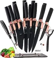 elabo Kitchen Knife Set with Acrylic Stand - 16Pcs Stainless Steel Knives, Rose Gold Handle Includes 6 Sharp Knives, 6 Serrated Steak Knives, Scissors, Peeler, Knife Sharpener with Block