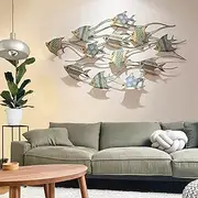 Metal Wall Decor for Living Room, Metal Wall Art Blue Teal Fish Wrought Iron Sculpture Hanging Art Home Garden Decoration Housewarming Gift, 44Inch