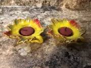2 Harvest Leaf Ceramic Votive Tea Light Candle Holders Autumn 5.5”
