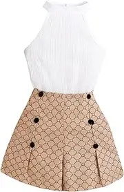 [Floerns] Girl's Two Piece Outfit Rib Knit Halter Top Allover Print Shorts Set