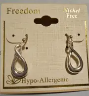 Freedom Brand French Wire Earrings Silver Tone Glossy Finish Teardrop Shape New