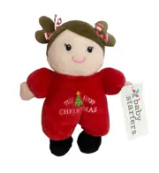 Baby Starters My First Christmas Girl Doll Plush Rattle Brown Pigtails Soft Toy