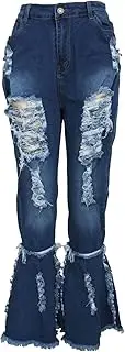 [Generic] Women Ripped Bell Bottom Plus Size Jeans Hole Splicing Micro Bell Bottom Jeans Pants High Waist Flared Distressed Denim Pants