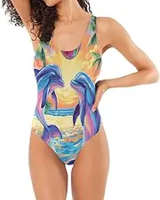 [Joisal] Leopard Jungle Green Swimsuit One Piece Low Back One Piece Push up Bathing Suits for Women, Dolphins Ball Tropical, Medium