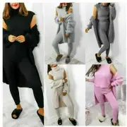 WOMENS LADIES 3 PIECE SUIT ROLL NECK CHUNKY KNITTED TRACKSUIT LOUNGE WEAR SET