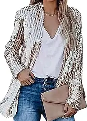 [kejlyouejn] Women's Sequin Long Sleeve Blazer Bomber Jacket Glitter Jacket