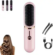 Styluse Hair Brush, Styluse Portable Hair Straightener Brush, Wireless Rechargeable 2-in-1 Straightener & Curler, 3 Adjustable Temperature, for All Hairs Types (Pink)
