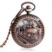Classic Red Copper Train Mechanical Pocket Watch Hand Winding with Fob Chain