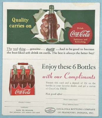 Vintage Coca Cola Quality Carries On Enjoy these 6 Bottle Promotional Card