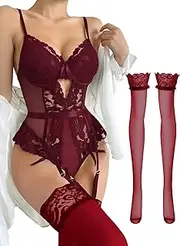 Lilosy Sexy Stocking Lace Mesh Bodysuit Top Underwire Garter Lingerie Set 3 Piece