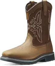 [NINGO] Men's Cowboy Boots Square Steel Toe, Full-Grain Leather & Oxford Splicing, Non-Slip Western Comfortable Work Boots with EH Protection, for Construction, Farming and Outdoor Work