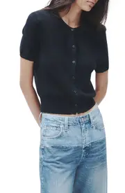 rag & bone Dina Short Sleeve Cotton Blend Cardigan in Black at Nordstrom, Size Large