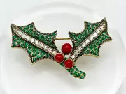 HEIDI DAUS "Holly Sprig" Crystal & Glass Bead Christmas/Winter Foliage Pin - NWT