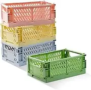 Xhwykzz 4 pack Folding Plastic Baskets, Pastel Milk Crates, Storage Crates Stackable for office Bedroom Kitchen Shelf desk drawer organizing （9.8x6.5x3.8inch）Medium-Size