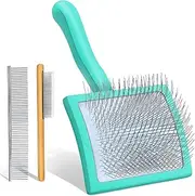 Dog Slicker Brush for Medium or Long Haired Dogs, Long Pin Slicker Brush for Removes Loose Hair, Tangles and Knots, Best Grooming Brush forl Small Animals, Large, Free Pet Comb, Green