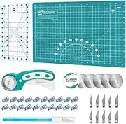 Headley Tools Rotary Cutter Set - 45mm Fabric Cutter, 5 Extra Rotary Blades, A3 Cutting Mat, Quilting Ruler and Sewing Clips, Craft Knife Set, Ideal for Crafting, Sewing, Patchworking,Turquoise