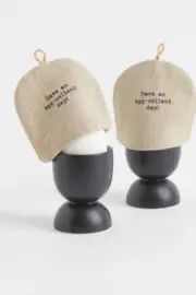 NWT H&M Home 2-pack Linen Cotton Egg Cozies “Have an egg-cellent day!” Biege
