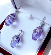 SALE ! SUPERB ENAMEL EGG PENDANT & EARRINGS SET STERLING SILVER 925 w/ AMETHYST