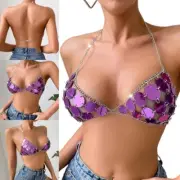 Women s Sequined Crop Top Hollows Out Body Chain Party Clubwears