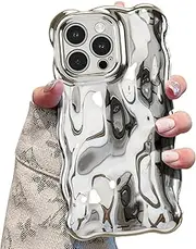 UEEBAI Case for iPhone 14 Pro Max 6.7 inch, Cute Solid Color Curly Wave Shape Shockproof Soft Bumper Phone Case, Candy Water Ripple 3D Silicon Slim Pretty Case Aesthetic Cover, Silver