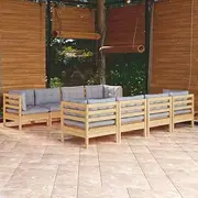 9 Piece Garden Lounge Set with Grey Cushions Solid Pinewood Patio Bar Sets