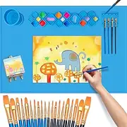 FINFINLIFE XL Silicone Paint Mat for Kid, 24"x16" Painting Station for Kids Gift Silicone Art Mat for Crafts with Paint Brush Cleaner Tray Palettes, Painting Brushes Mini Canvas Easel (Blue)